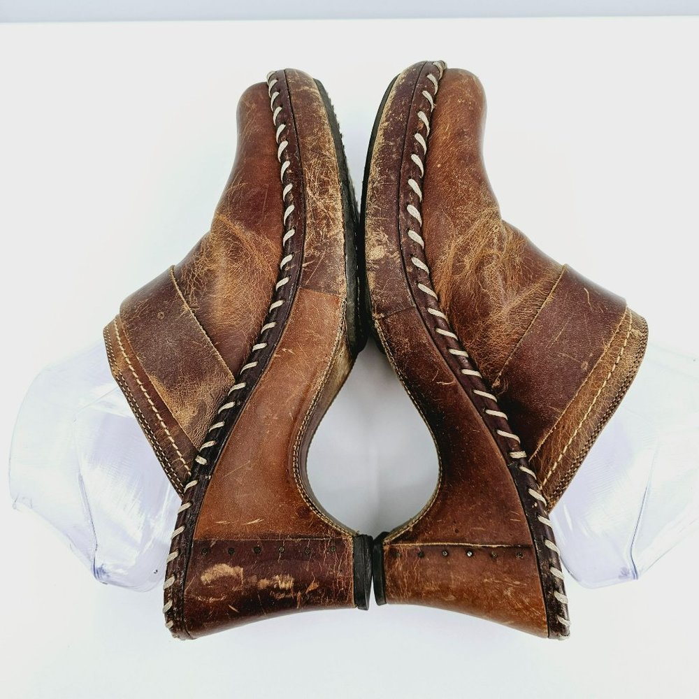 Frye Charlotte Ring Mules Clogs 9.5 M Brown Leather Distressed Stitched Rivets - Picture 10 of 16